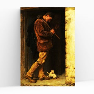May include: A man in a brown jacket and blue pants stands in a doorway, holding a wooden stick. A small white dog sits in front of him, looking up at the man.