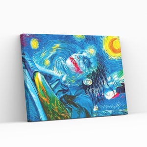 May include: A painting of the Joker in a blue, yellow, and green starry night style. The Joker is lying down with his eyes closed and his mouth slightly open. The painting is reminiscent of Vincent van Gogh's "Starry Night."