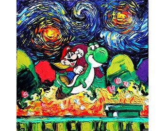 Super Mario Starry Night Canvas Wall Art Nintendo Fans Gift Gaming Themed Artwork Wall Hanging Decor Game Room Decor Giclee Print Painting