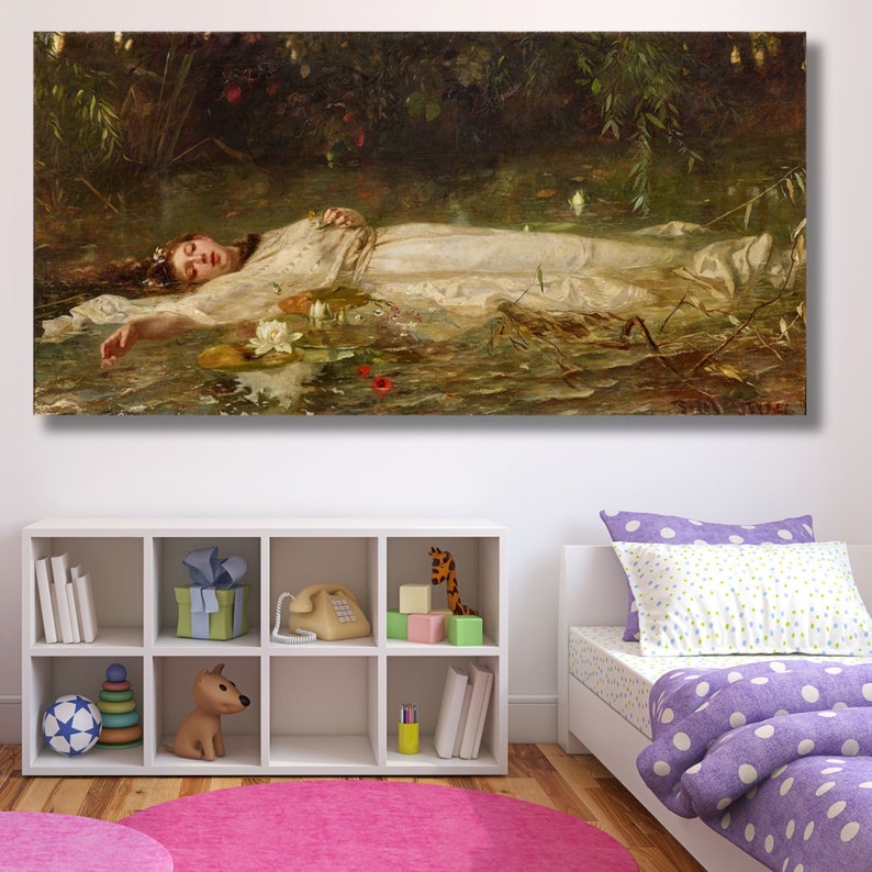 May include: A rectangular canvas print of a painting depicting a woman in a white dress floating in water. The artwork features a serene scene with water lilies and lush greenery, evoking a sense of tranquility and classical art.