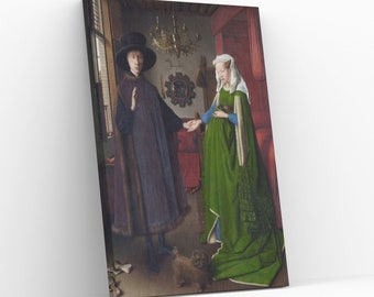 May include: A painting of a couple standing in a room. The man is wearing a black hat and a long, dark robe. The woman is wearing a green dress and a white head covering. A small dog is sitting at their feet.