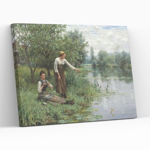 Two Women Fishing by Daniel Ridgway Knight Canvas Wall Art Famous Artwork Lakeside Wall Hanging Decor Art Lover Gift Romantic Giclée Print