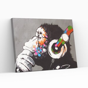 Banksy DJ Monkey Street Art Graffiti Decor Gift For Kids Room Ready Wall Hanging Illustration Canvas Wall Art Painting Poster,Roll,Panel