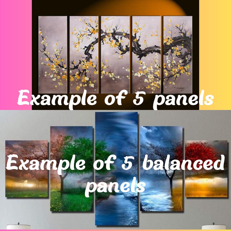 Puede incluir: Ejemplo de 5 paneles y ejemplo de 5 paneles equilibrados. Dos conjuntos diferentes de impresiones de arte en lienzo de varios paneles. El primer conjunto presenta un &aacute;rbol estilizado con flores blancas sobre un fondo gris. El segundo conjunto presenta un paisaje con &aacute;rboles, agua y cielo.