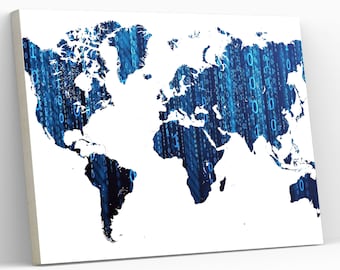 Binary Numbers World Map Canvas Wall Art  Science Decor Binary Codes World Map Geek Decor Educational Office Artwork Tech Enthusiast Gift