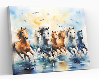 Seven Galloping Horses  Canvas Wall Art Watercolor Feng Shui Decor Seven Running Horses Office Mancave Kidsroom Wall Decor Gift Gicleé Print