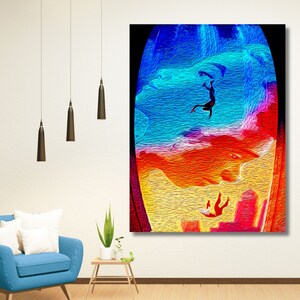 Puede incluir: Pintura abstracta con un dise&ntilde;o colorido y en espiral. La pintura presenta una gama de colores azul, rojo, amarillo y naranja. La pintura est&aacute; enmarcada en un marco negro.