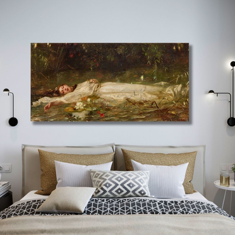 May include: A rectangular canvas print of a painting depicting a woman in a white dress floating in water. The artwork features a serene scene with lily pads, flowers, and lush greenery, creating a tranquil and artistic ambiance.
