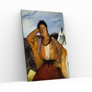 Puede incluir: Una pintura de una mujer con un vestido colorido, sentada con el brazo apoyado en el lomo de un caballo. La mujer mira al espectador con una expresión seria. El fondo es un cielo azul con nubes blancas.