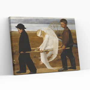 May include: A painting depicting three figures, two boys carrying a winged angel on a stretcher. The angel is wearing a white dress and has a blindfold over her eyes. The boys are dressed in dark clothing. The background is a landscape with a lake and trees.