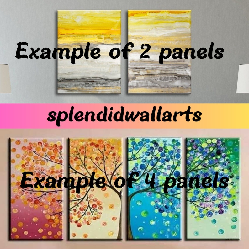 Puede incluir: Ejemplo de 2 paneles y 4 paneles de arte de pared abstracto. El arte de 2 paneles presenta un dise&ntilde;o abstracto amarillo y gris. El arte de 4 paneles presenta un &aacute;rbol colorido con un fondo azul, verde, amarillo y rosa.