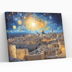 Masjid Al Aqsa Notte stellata Design Tela Arte murale Masjid Al Aqsa Decorazione da parete Masjid Al Aqsa Opera d&#39;arte islamica Stampa Giclée Pittura