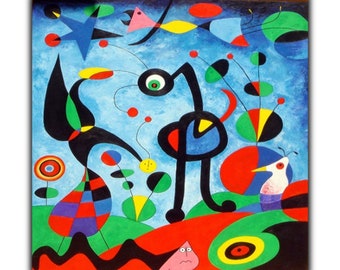 May include: Abstract painting with a blue background, featuring black, red, yellow, green, and white shapes. The painting includes a large black bird-like figure, a smaller white bird, and several circular and oval shapes.