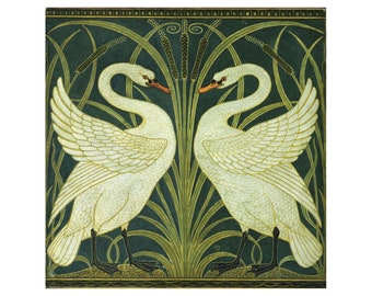 Svanen, säven och irisen av Walter Crane, canvastavla, konsttryck med två svanar, jugend, gåva för älskare, Walter Crane, berömt konstverk