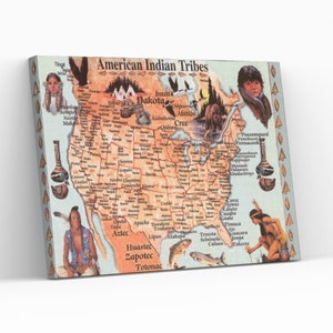 Diseño de mapa de tribus indias americanas impreso en lienzo Decoración del hogar Lienzo listo para colgar en la pared Pintura artística Impresión Póster, Rollo, Panel