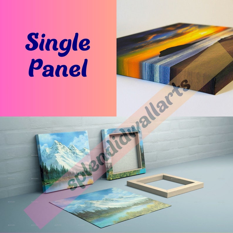 May include: Three canvas prints of mountain landscapes, one with a snowy peak, one with a lake, and one with a sunset over the ocean. The prints are framed in simple wooden frames and are arranged on a white surface. The text "Single Panel" is visible in the background.