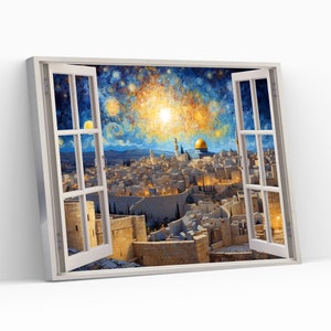 Masjid Al Aqsa Notte stellata Design Finestra Vista Tela Arte murale Masjid Al Aqsa Decorazione da parete Masjid Al Aqsa Opera d&#39;arte islamica Stampa Giclée