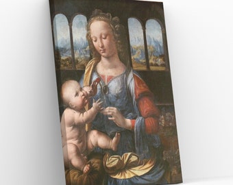 May include: A painting of the Madonna and Child. The Madonna is wearing a blue and red robe and a gold crown. She is holding a small red flower in her hand. The Child is sitting on her lap and is reaching for the flower. The background is a landscape with mountains and trees.