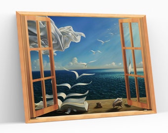 Nep raam Boek naar vogels canvas muurkunst raam uitzicht muur hangend decor open raam speciaal ontwerp natuurscène muur decor Giclée print