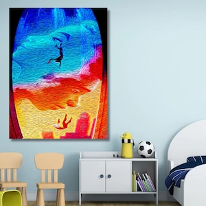 Puede incluir: Pintura abstracta con un estilo colorido y texturizado. La pintura presenta una figura cayendo del cielo, con un fondo azul y morado, y un primer plano rojo y naranja.