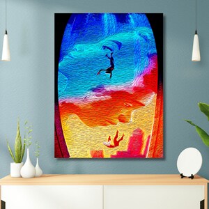 Puede incluir: Pintura abstracta con un dise&ntilde;o colorido y arremolinado. La pintura presenta dos figuras cayendo por el aire, una en un cielo azul y morado y la otra en un cielo rojo y naranja.
