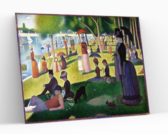 May include: A painting depicting a group of people enjoying a sunny day in a park. The scene is filled with vibrant colors, including green grass, blue sky, and colorful clothing. The people are sitting, standing, and walking around, enjoying the outdoors.