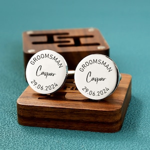 Personalized Cufflinks Groomsmen Gifts, Metal Cuff Links With Wooden Box, Custom Wedding Day Cuff links Gift, Gift For Husband