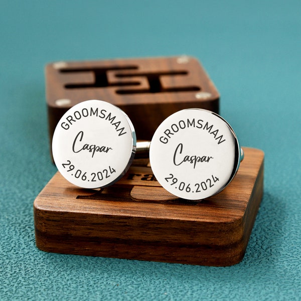 Personalized Cufflinks Groomsmen Gifts, Metal Cuff Links With Wooden Box, Custom Wedding Day Cuff links Gift, Gift For Husband