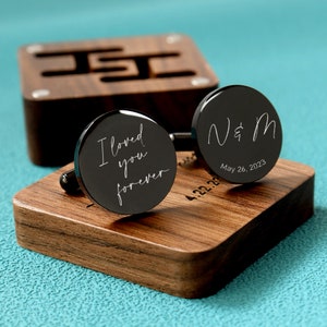 Benutzerdefinierte Manschettenknöpfe Gravur Box Optional, personalisierte Hochzeitstag Manschettenknöpfe für Bräutigam Trauzeugen, Holz Jahrestagsgeschenk, Geschenk für Mann Round Black -20mm