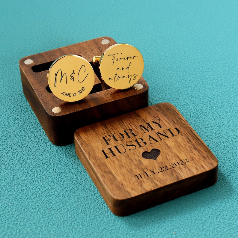 Gemelos personalizados Caja grabada opcional, gemelos personalizados del día de la boda para los padrinos del novio, regalo de aniversario de madera, regalo para el marido Round Gold -20mm