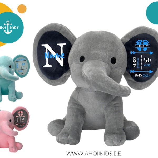 Stoffelefant zur Geburt, Stofftier mit Name, Einschulung Taufe, Plüschelefant personalisiert, Neue Baby Geschenke, Baby Shower