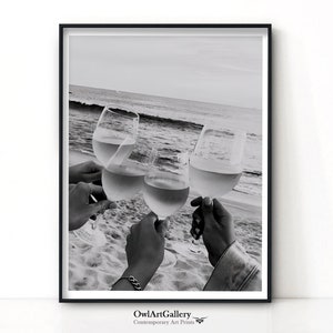 Woman Drinking Wine in Beach Print, Feminist Poster, Bar Cart Print, Black and White Wall Art, Beach Photography Prints, Beach House Decor