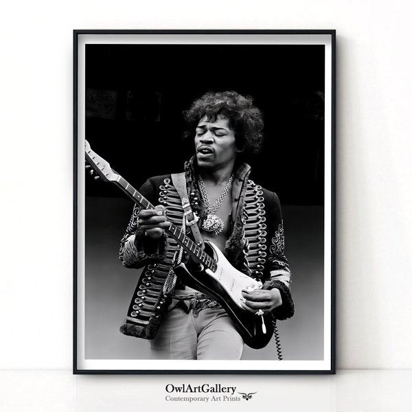 Jimi Hendrix guitariste portrait musique affiche impression rétro noir et blanc photographie vintage célébrité rock blues jazz