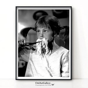 Pippi Longstocking Eating Pasta Black & White Vintage Retro Photograph Restaurant Diner Wall Art Decor Spaghetti Poster