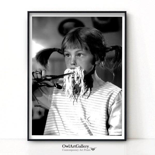 Pippi Langstrumpf Essen Pasta schwarz weiß Vintage Retro Fotografie Restaurant Diner Wand Kunst Dekor Spaghetti Poster