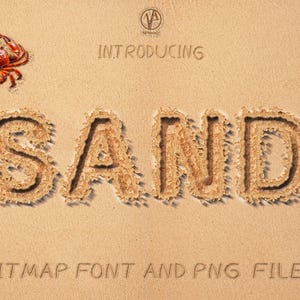 May include: A sandy-colored background with the word "SAND" carved into it. A red crab is in the upper left corner. The text "INTRODUCING" and "BITMAP FONT AND PNG FILES" are also present.