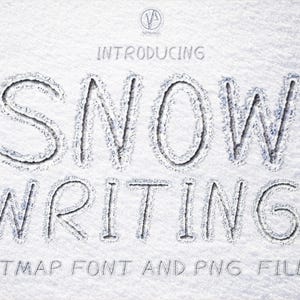 May include: Image showing the words "SNOW WRITING" etched into snow. The text is in a distinctive font, with "INTRODUCING" above and "BITMAP FONT AND PNG FILES" below. A logo is in the top center.
