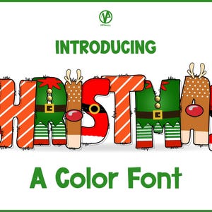 Puede incluir: Un diseño de fuente colorido con temática navideña. La palabra "CHRISTMAS" está diseñada con elementos festivos como cinturones de Papá Noel, trajes de duendes y cornamentas de reno. También se incluye el texto "INTRODUCING" y "A Color Font".