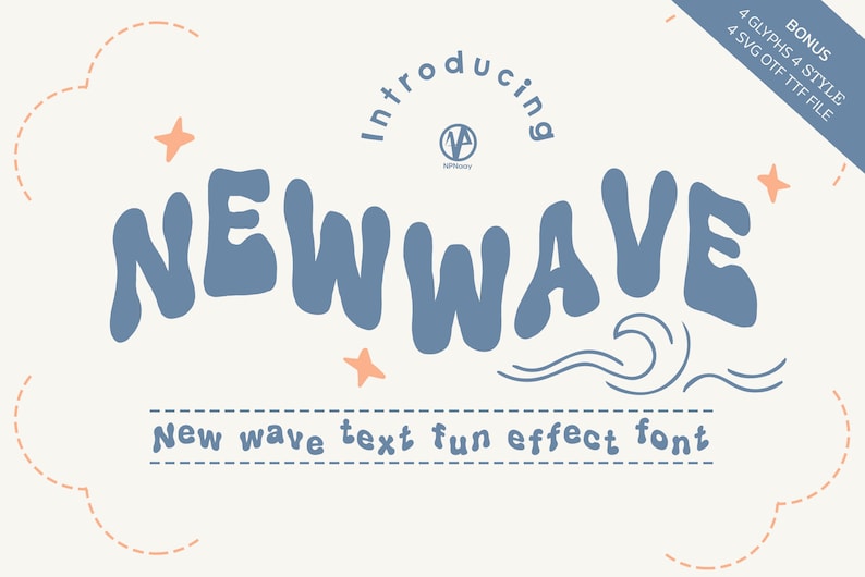 New Wave is a Groovy and display font. Use it on your retro themed 90s, 80s, 70s, 60s Script projects, banners, social media, invitations, cards and so much more.
