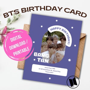 Gioioso biglietto di compleanno BTS / Regalo personalizzato per fan BTS / Invito festa K-pop personalizzabile / Biglietto celebrativo a tema BTS fatto a mano
