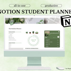 Simple Back To School Notion Student Planner Template | Student Notion Template | Simple Green Aesthetic Academic & Life Notion Planner