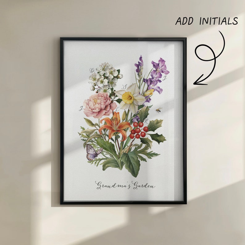 Birth Flower Family Bouquet Custom Digital Print Personalized Gift Mother's Day Antique Home art Grandmother gift Floral Family portrait image 4