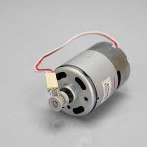 May include: A cylindrical silver DC motor featuring a small white plastic gear attached to the front shaft. A two-wire red and white power cable extends from the motor body, ending in a small beige plastic connector plug. A white label is visible.