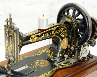 Singer 12k Fiddle Base Antique Hand Sewing Machine & Bentwood Case