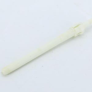 May include: A slender, off-white plastic stylus or pen-like tool featuring a smooth, cylindrical body that tapers toward a rounded tip at one end and includes a small, molded clip mechanism near the opposite end for secure attachment or handling.