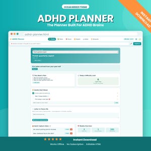 ADHD Planner Digital | Printable-Style HTML Planner for ADHD Brains | Kanban, Pomodoro, Habit Tracker | Instant Download, Editable, No App