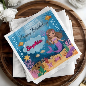 Mermaid theme kids birthday napkins, Nautical underwater birthday party napkins, Cute mermaid birthday celebration, Ocean theme napkins