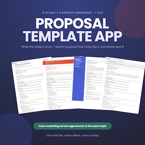May include: A digital proposal template app featuring 8 styles and a service agreement. The graphic displays four document layouts with text headers including Proposal Template App, Jordan Lee Design Co., and And a matching service agreement.