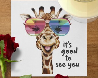 Giraffe Napkin with Sunglasses, Colorful, Fun Table Decor, Its Good to See You Quote