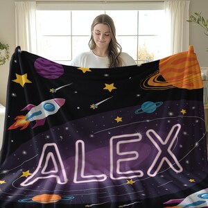 Personalized Space Theme Blanket, Custom Kids Blanket, Outer Space Throw Blanket, Rocket Ship Blanket, Astronaut Blanket